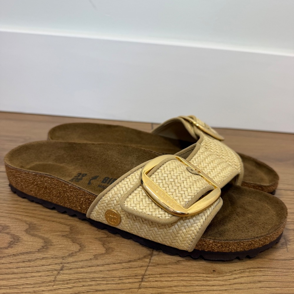 Birkenstock Madrid Big Buckle Raffia Slide 39 Beige Women Sandal Gold Buckle